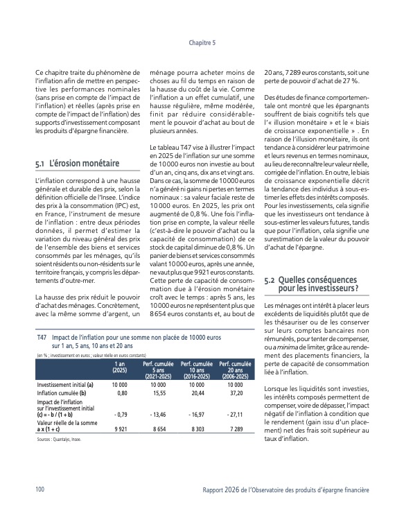 Tableau chiffré de l'Observatoire des produits de l'épargne financière (OPEF) illustrant la perte de pouvoir d'achat d'une somme de 10 000 € non placée sur 1, 5, 10 et 20 ans